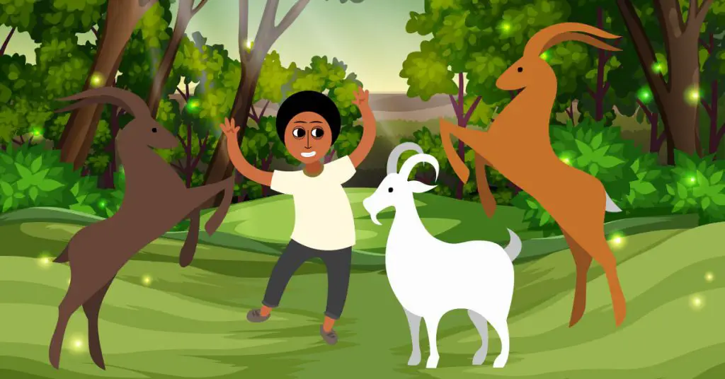 An illustration showing Kaldi the goat herder dancing with his goats (from the Ethiopian legend of how coffee originated in Ethiopia).